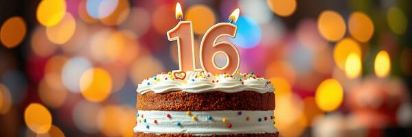Celebration of a sixteenth birthday with a decorated cake and colorful lights in the background photo