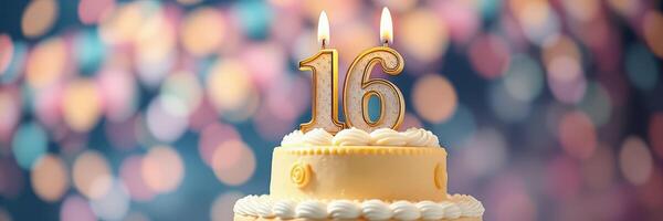 Sweet sixteen birthday cake with golden candles and colorful bokeh backdrop photo