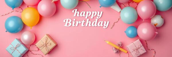 Happy birthday celebration with balloons and gifts on a pink background for a joyful occasion photo