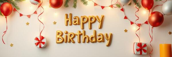 Festive birthday decorations with balloons, streamers, and a joyful message in a celebratory atmosphere photo