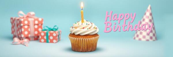 Celebrate a joyous birthday with a delicious cupcake adorned with a candle, gifts, and festive decorations photo