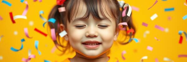 Young child enjoys a joyful celebration with colorful confetti falling around her in a bright setting photo