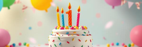 Birthday celebration featuring a colorful cake with candles and decorations for a child's first year milestone photo