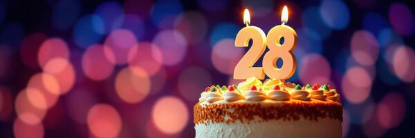 Celebrating a special birthday with a cake adorned with candles shining brightly for the 28th year photo