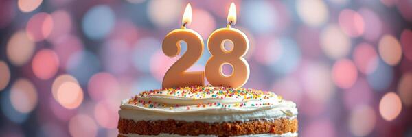 Celebrating a special birthday with a decorated cake featuring the number 28 in candles against a colorful blurred background photo