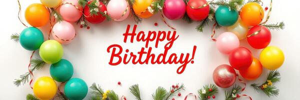 Colorful birthday decorations with balloons and greenery create a festive atmosphere for celebrations photo