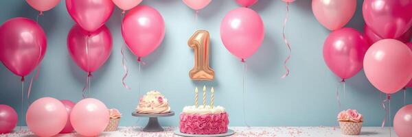 Celebration of a first birthday with pink balloons and a cake decorated for a young child photo