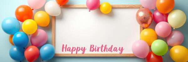 Colorful birthday celebration setup with balloons and empty frame for customizing messages in a cheerful environment photo