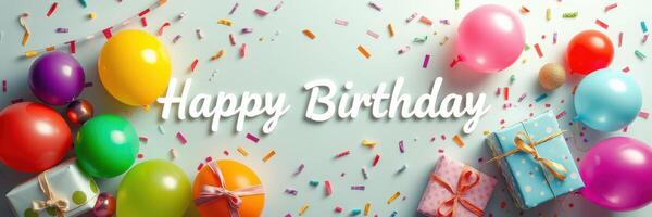 Colorful birthday decorations with balloons and gifts create a festive atmosphere for celebration photo