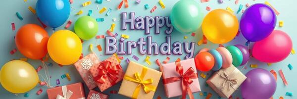 Festive birthday celebration with colorful balloons, presents, and confetti in a cheerful setting photo