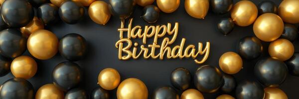Colorful birthday decorations with black and gold balloons arranged in a festive display photo