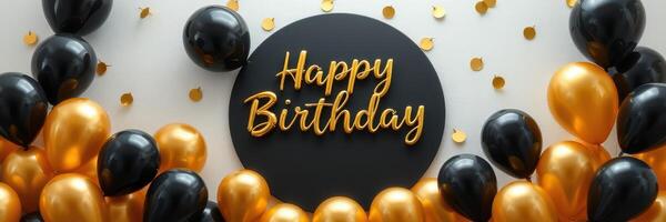 Festive birthday decoration featuring gold and black balloons and a celebratory message on a party backdrop photo