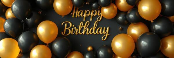Elegant black and gold birthday decorations set against a dark backdrop with festive balloons and cheerful lettering photo