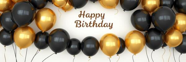 Elegant black and gold balloon decoration for a birthday celebration with a joyful greeting displayed prominently photo