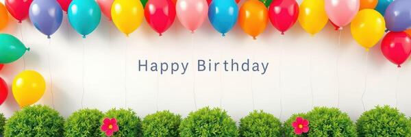 Colorful birthday decorations featuring vibrant balloons and lush greenery create a festive atmosphere for celebration photo