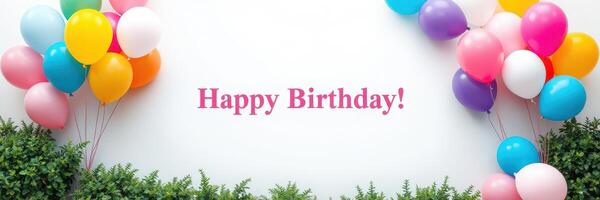 Colorful balloons surround a cheerful birthday message in a festive setting with greenery photo