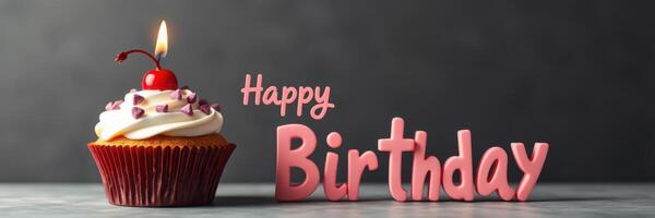 Celebrate a joyful birthday with a delicious cupcake topped with cherry and festive decorations photo