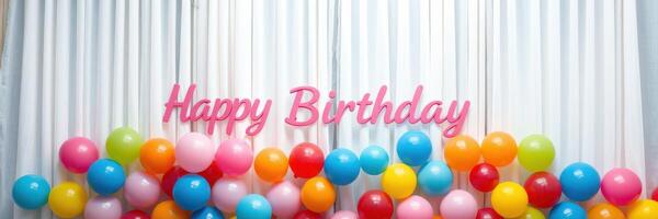 Colorful birthday celebration backdrop with balloons and festive decorations for a joyful gathering photo