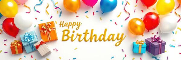 Colorful birthday celebration with balloons, confetti, and presents in a festive arrangement photo