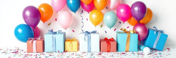 Colorful balloons and gifts create a festive atmosphere for a celebration on a bright background photo