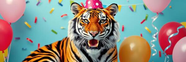Tiger wearing a party hat celebrates with colorful balloons and confetti photo