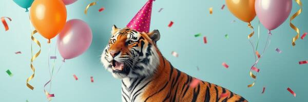 Tiger celebrates birthday with colorful balloons and confetti in a festive atmosphere photo