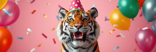 Tiger wearing a party hat celebrates joyfully with balloons in a festive atmosphere photo