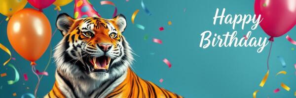 Colorful birthday celebration featuring a cheerful tiger with festive balloons and confetti photo
