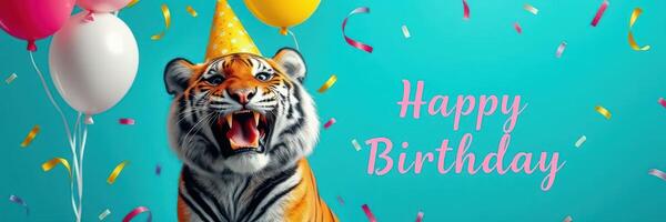 Celebratory tiger with balloons and confetti wishing happy birthday in a vibrant setting photo
