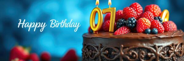 Celebration with a chocolate cake topped with berries and birthday candles for a seventh birthday party photo