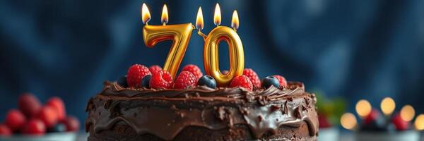 Celebrating a 70th birthday with a chocolate cake topped with candles and fresh berries photo
