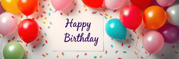 Colorful balloons and confetti decorate a birthday celebration with a cheerful message in the center photo