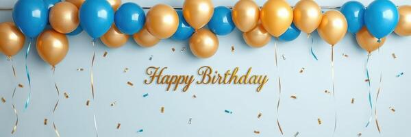 Celebration of a special birthday with blue and gold balloons and confetti decorations in a festive setting photo