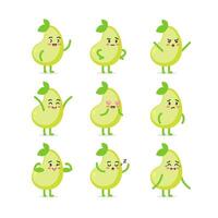 Set of emotions and poses of the pear character in a cute cartoon funny flat style. vector