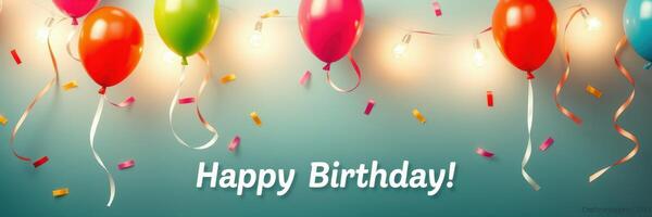Colorful balloons and confetti celebrate a birthday with festive decorations on a cheerful backdrop photo