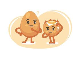 The emotion of bewilderment of the character of the egg, whole and broken, in a cute cartoon funny flat style. vector