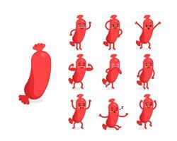 Set of emotions and poses of the sausage character in a cute cartoon funny flat style. vector