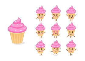 Set of emotions and poses of the cupcake character in a cute cartoon funny flat style. vector