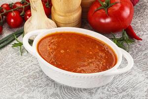 Hot tomato soup with diced chicken photo