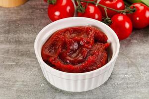 Red tomato paste in the bowl photo