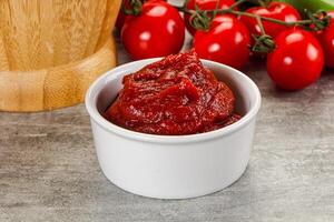 Red tomato paste in the bowl photo
