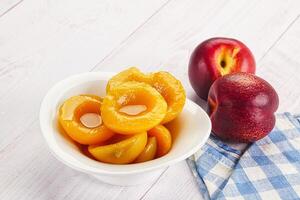 Canned peaches with sweet syrope photo