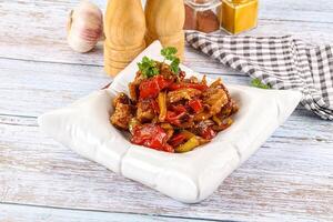 Pork with oyster sauce and vegetables photo