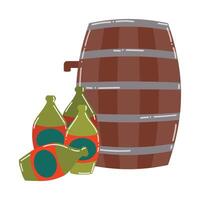 Cartoon empty rum bottles and a barrel of alcoholic drink. Ship's pirate booze. vector