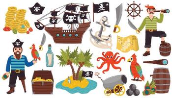 Cartoon pirate set of design elements in flat style. Pirates and ship, anchor and ship's wheel, treasure map and Macaw parrot. vector