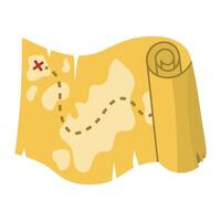 Cartoon old pirate treasure map with islands and cross in flat style isolated on white background. vector