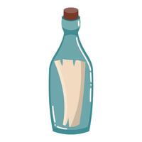 Cartoon bottle with note from sunken ship abandoned sea in flat style. vector
