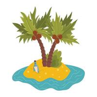 Cartoon Mysterious Island with Palm Trees and a Message in a Bottle. Sea Pirate Island. vector