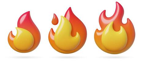 Burning fire and flame cute 3d icons set isolated on white background. vector