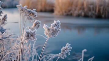 A frozen field with a body of water in the background photo